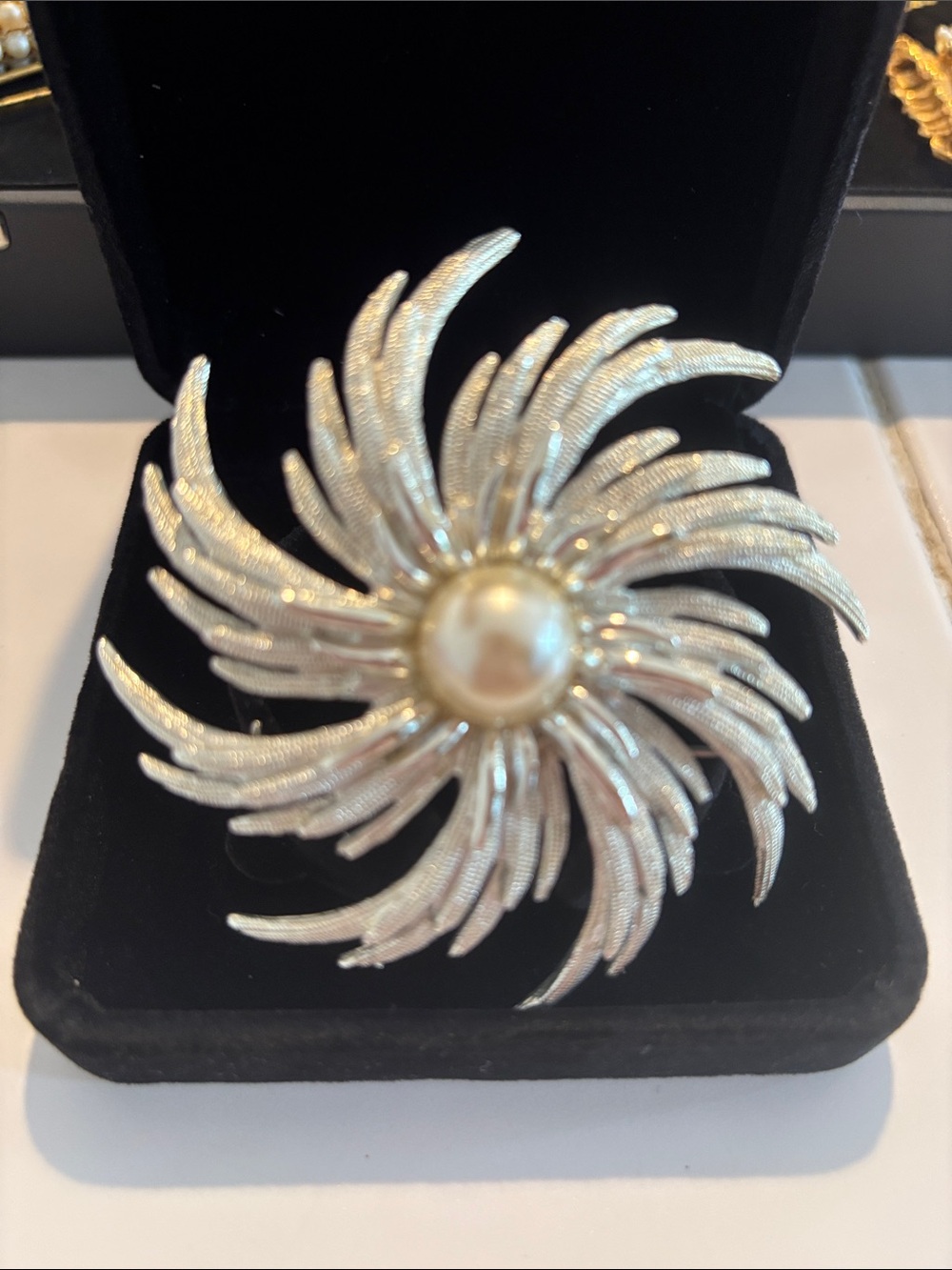 Sarah Coventry Silver-Tone Swirl Brooch with Pearl Centerpiece